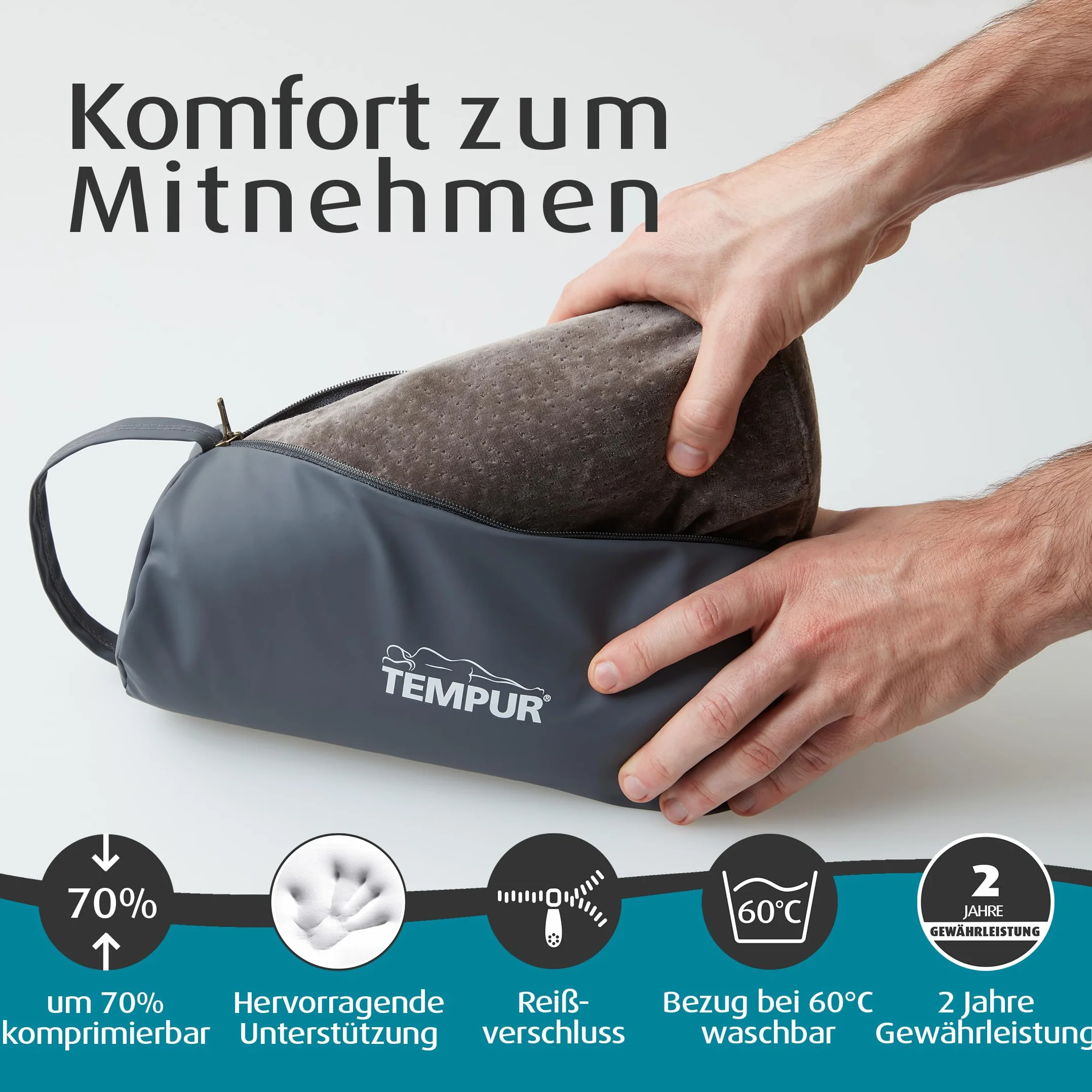 TEMPUR Reisekissen Memory Foam, ergonomisches Reise-Nackenkissen inkl. Tragetasche, Anthrazit, Größe 25 x 31 x 10/7 cm