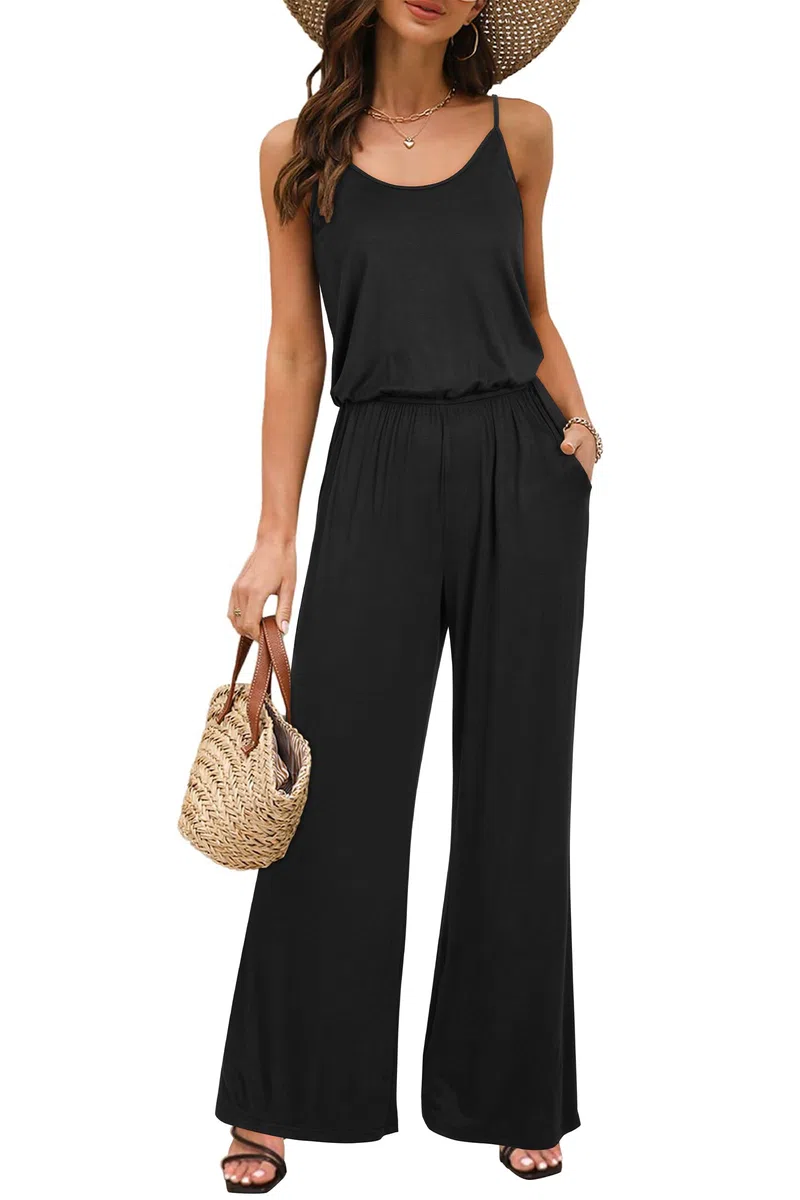OUGES Damen Sommer Ärmellos Jumpsuit Overall Lang Hosenanzug Casual Playsuit Romper mit Taschen