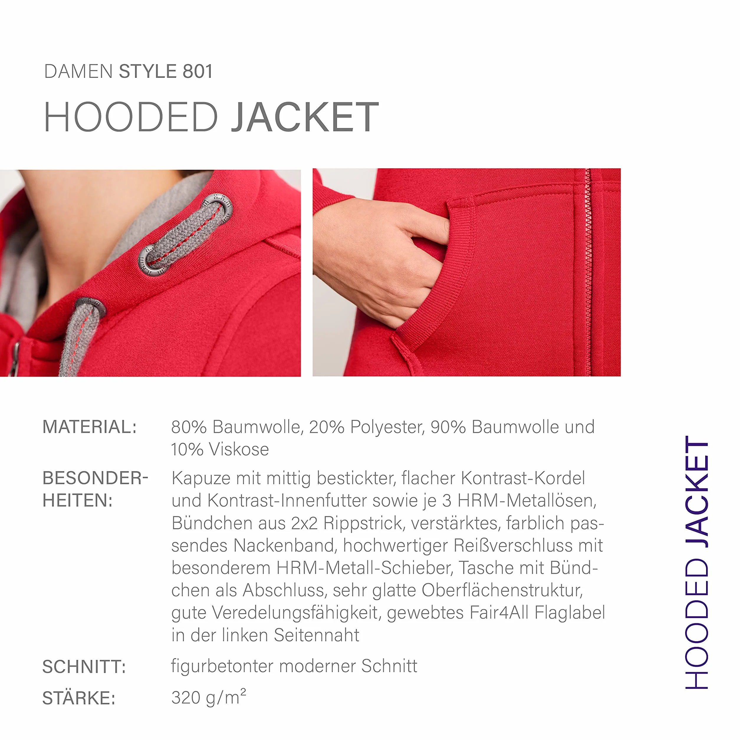 HRM Damen Hooded Jacket I Premium Kapuzenjacke Damen mit Kontrast-Innenfutter I Basic Hoodie mit Reißverschluss I Zip Hoodie I Hochwertige & nachhaltige Damen-Oberteile