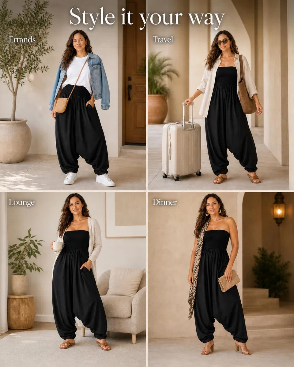 likemary Jumpsuit Damen Sommer – 2-in-1 Baumwoll Einteiler & Haremshose mit Taschen – Luftige Boho Pumphose, Schlupfhose für Urlaub & Alltag