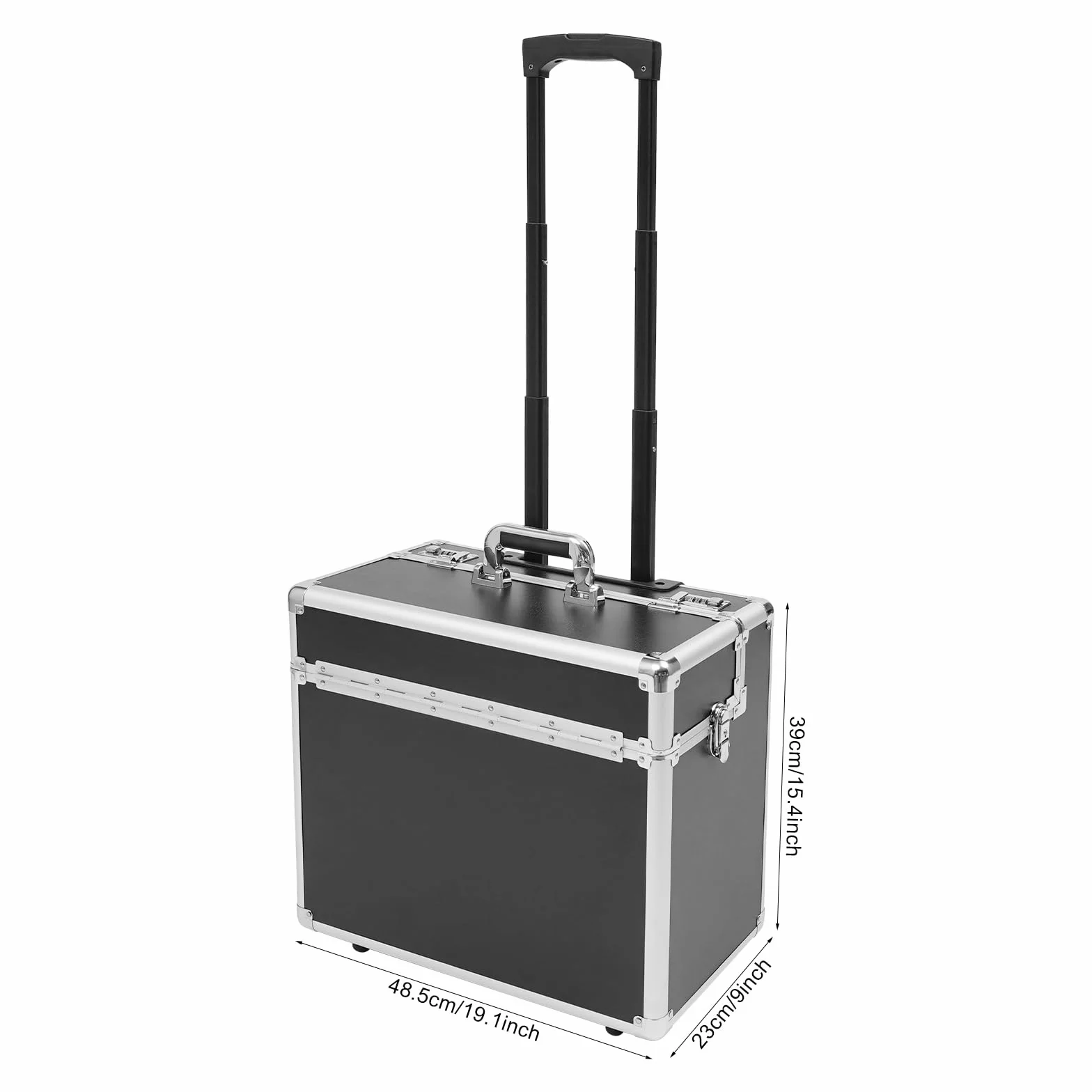 Aktenkoffer Rollbarer Businesstrolley Abschließbarer Aktenbox Pilotenkoffer 48,5 * 23 * 39cm aus Aluminiumlegierung mit Teleskopstange - Schwarz
