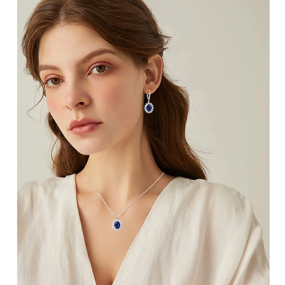 MASOP Silber Damen Schmuck Set, 925 Sterling Silber Saphir Schmuckset, Silber Blau Halskette und Ohrringe Set, Oval Anhänger mit 45 cm Damen Halskette & Ohrhänger, Prinzessin Diana Luxus Schmuck