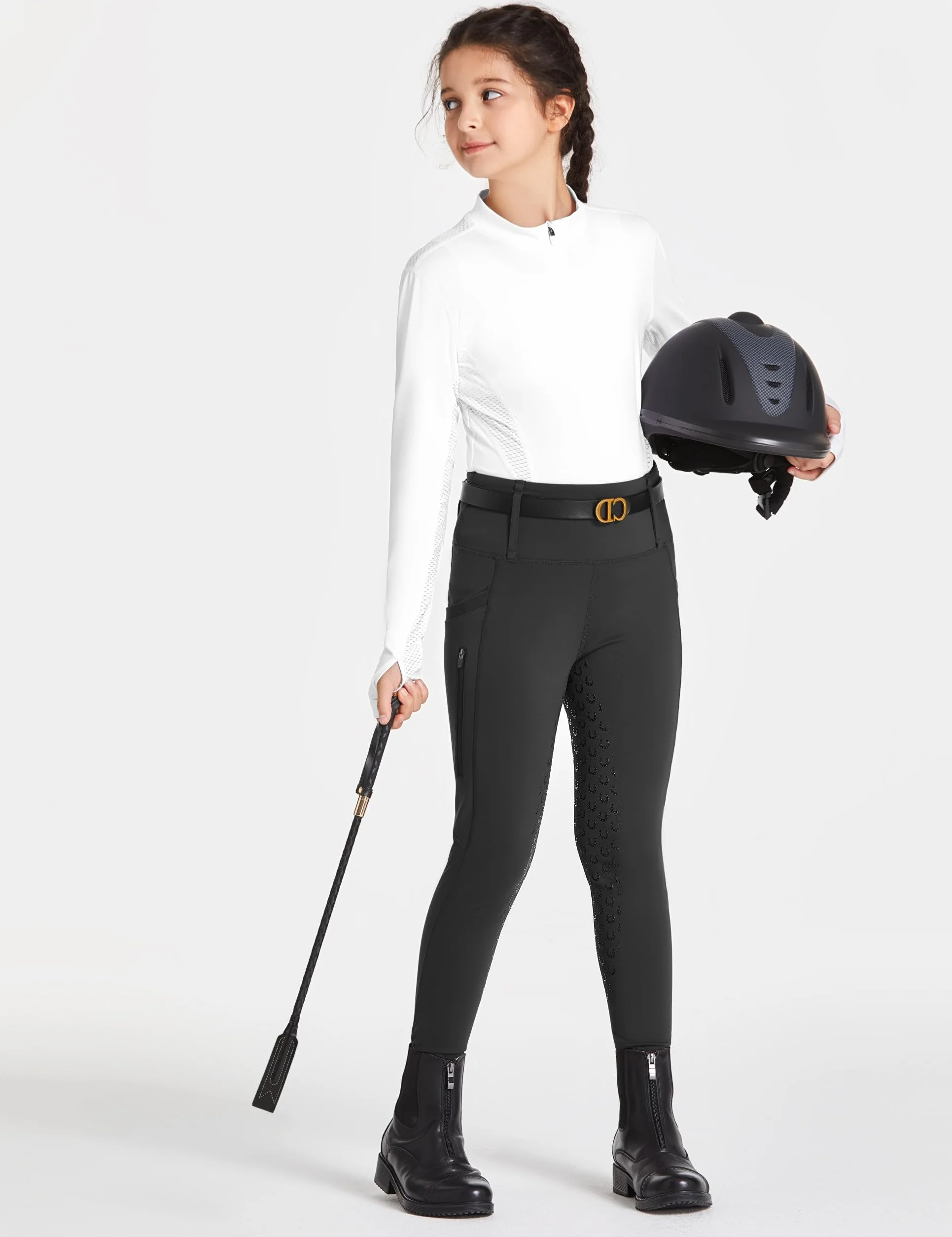 FitsT4 Sports Kinder Reithose Mädchen Reitleggings Silikon Vollbesatz Hohe Taille Reiten Hosen mit 2 Seitlichen Reißverschluss Taschen und Gürtelschlaufen