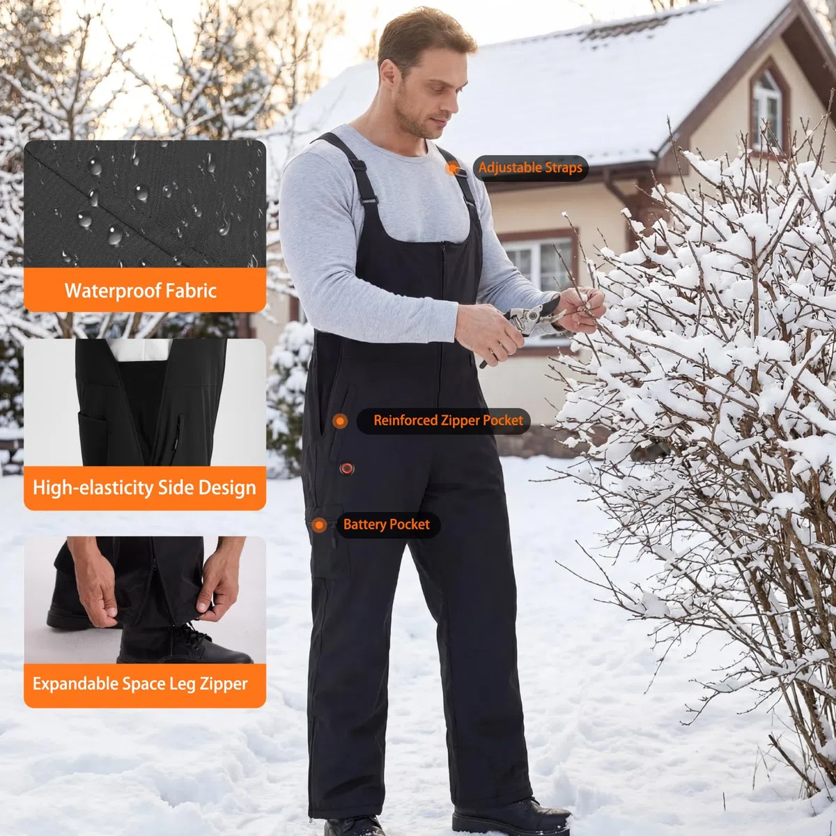 Beheizbare Herren Ski Bibs Wasserabweisender isolierter Schneelatzoverall Latzhose mit Akku, Latzhosen für Herren Skihose Snowboardhose, Beheizte Arbeitslatzhose Männer Berufshose mit vielen Taschen