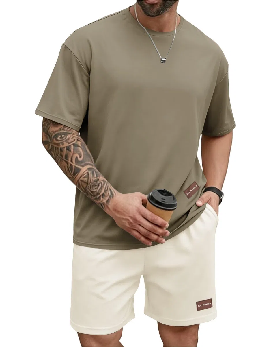 Remxi Herren Kurzarm Trainingsanzug 2 Teiler Set Casual T-Shirt Kurze Hose mit Taschen Sommer Jogginganzug für Männer Tracksuit