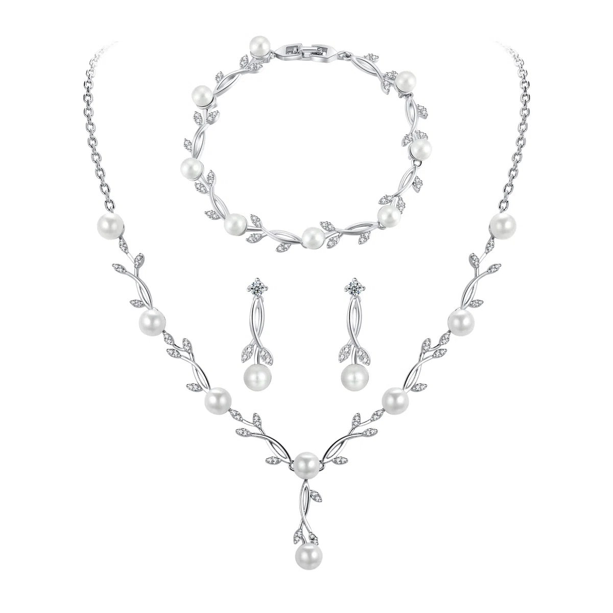 Hochzeit Schmuckset Silber Damen, Halskette Armband Ohrringe in Form eines Blattes mit Perlen und Zirkonia, Hochzeitstag Geschenke für Braut Frauen
