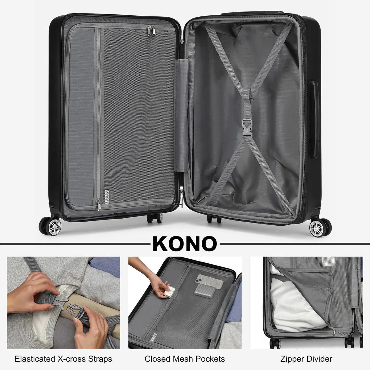 KONO Koffer Trolley Handgepäck Kabinenkoffer Leichte Hartschalengepäck mit TSA-Schloss und doppelte Spinnrollen für Reisen und Business 55x35x22cm, Schwarz