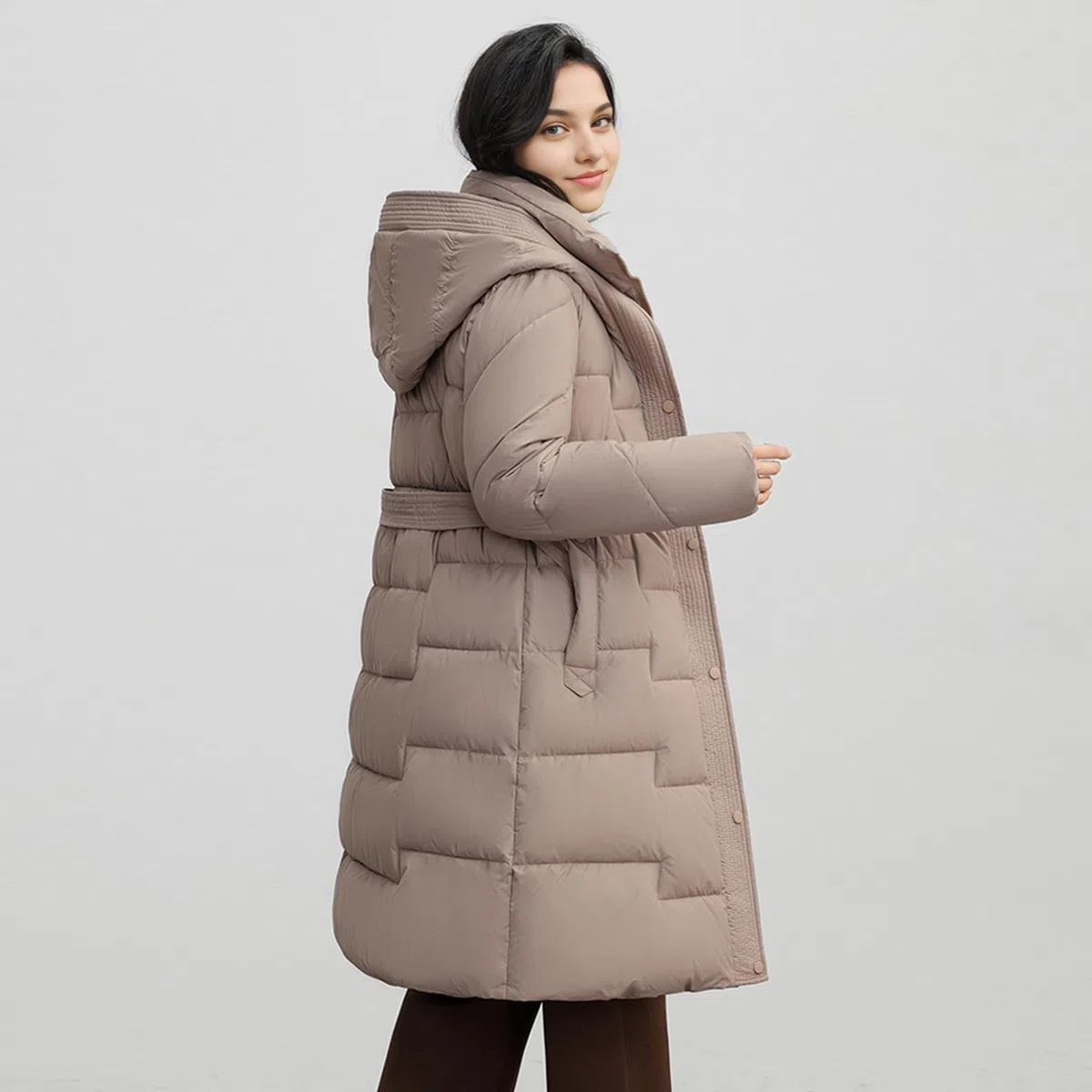 Verdickte lange Daunenjacke für Damen, mit Kapuze, Winter-Puffer, Oberbekleidung, Parka, Mantel, Stehkragen, knielang, Schneeanzug mit Gürtel