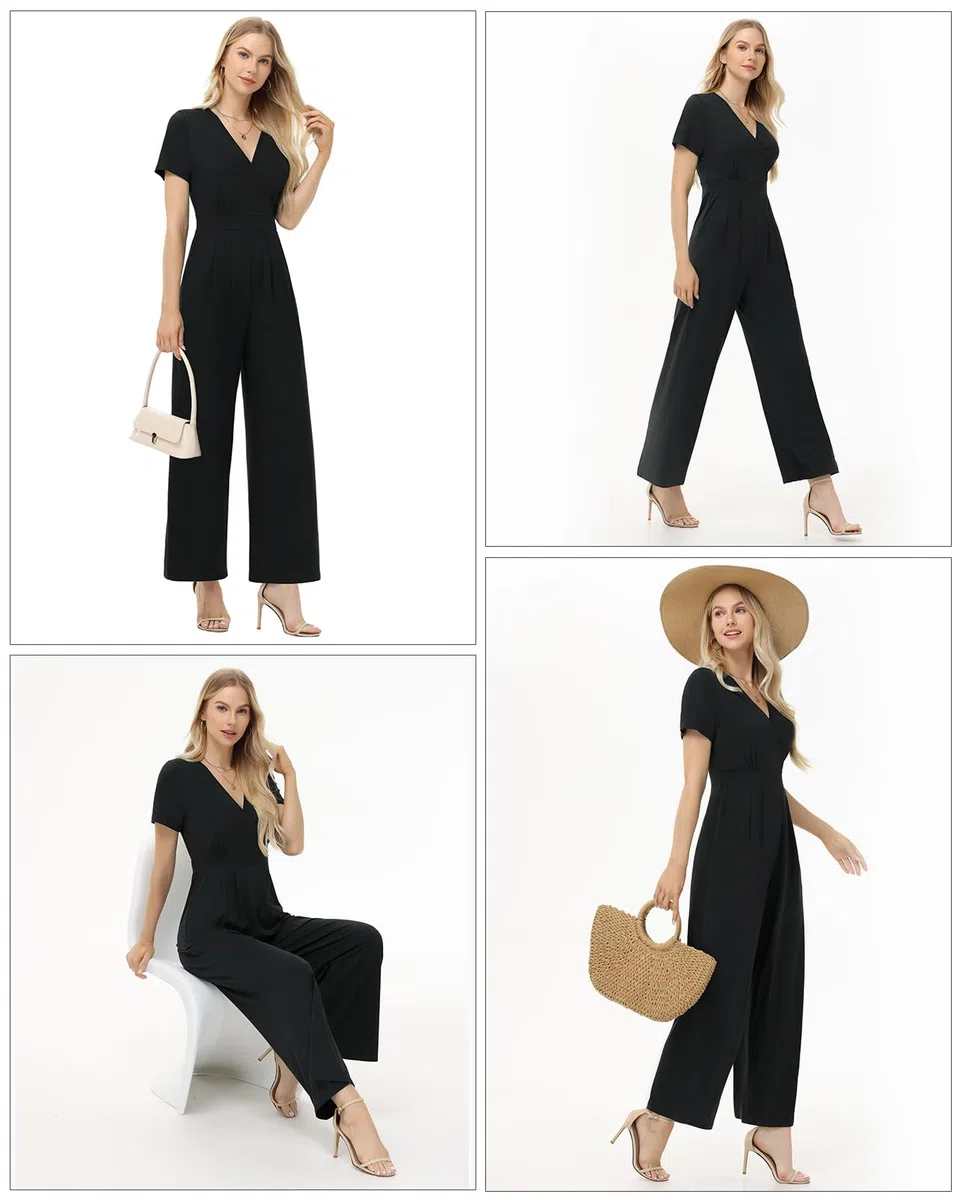 Tanmolo Damen Jumpsuit Elegant Sommer Kurzarm V-Ausschnitt Overall Weites Bein Romper Mit Taschen