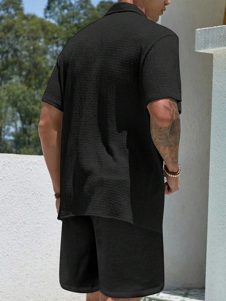 Herren 2-Teiliges Set Sommer Jogginganzug Outfit - Kurzarm Hemd und Kurze Hose - Casual Männer Atmungsaktiver Trainingsanzug Freizeitanzug für Urlaub & Strand