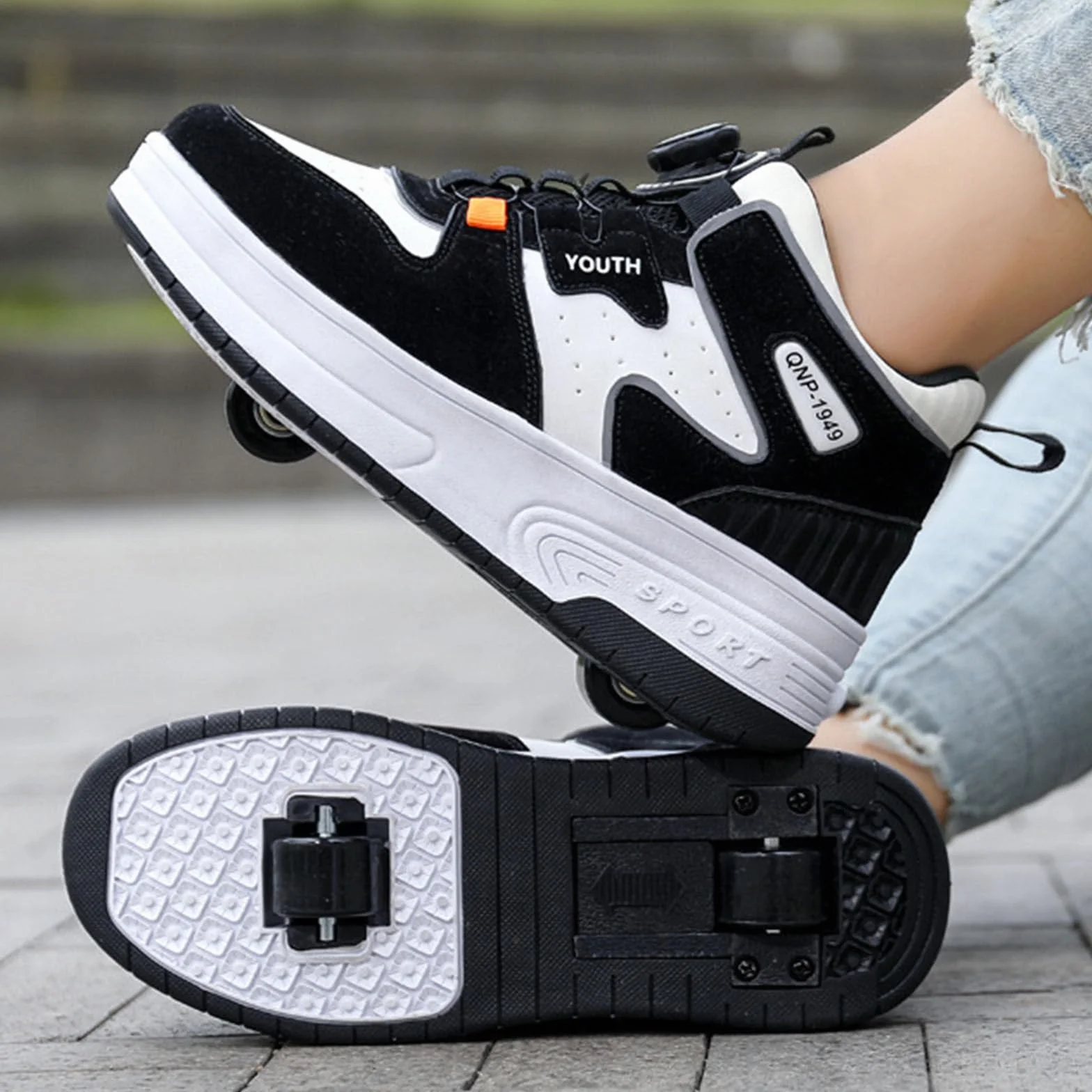 Surwin Schuhe mit Rollen Kinder Mädchen Jungen, Drehschnalle Halbhoher Turnschuhe mit Einziehbaren Hinterrädern, Rollschuhe Schuhe Skateboardschuhe Roller Skate Shoes Rollschuhe