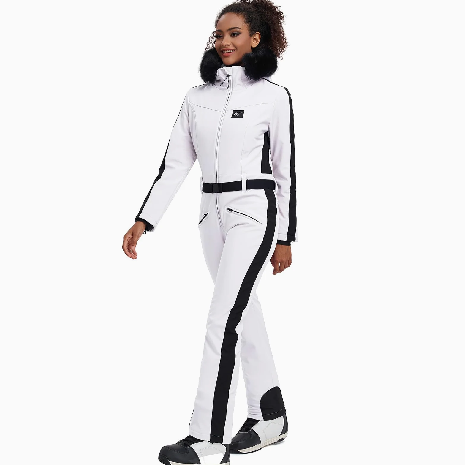 HOTIAN Damen Skianzug Einteiler Skioverall Winter Warme Damen Schneeanzug Wasserdicht Winddicht skibekleidung Schneeoverall Jumpsuit Mit Kapuze White S