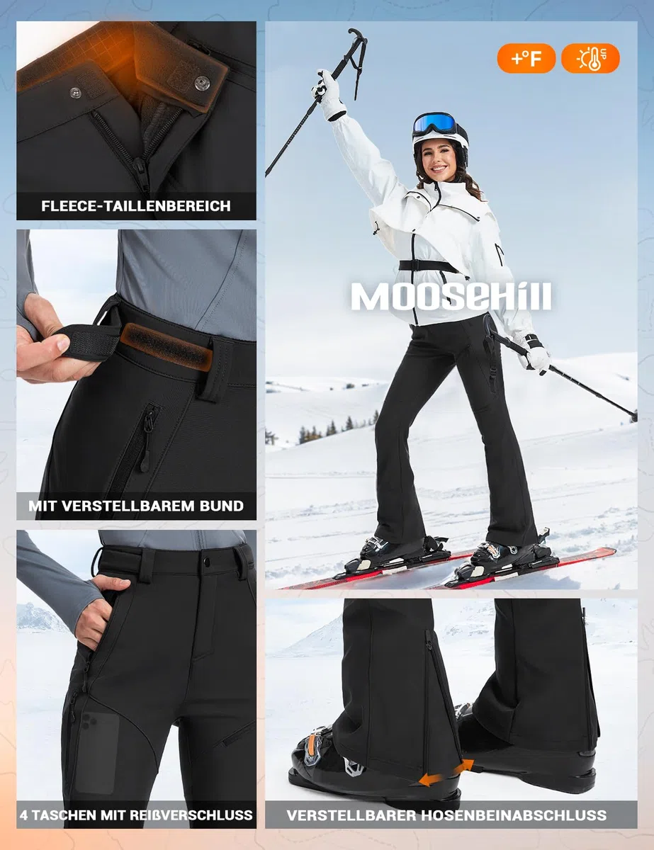 Moosehill Damen-Wanderhose-Thermohose-Wasserdicht-Skihose-Softshellhose Schneehose Gefüttert Winddicht Fleece Warm Falre Outdoor Snowboard Fahrrad Arbeit Trekking Winter Cargohose(Schwarz|38|79cm)