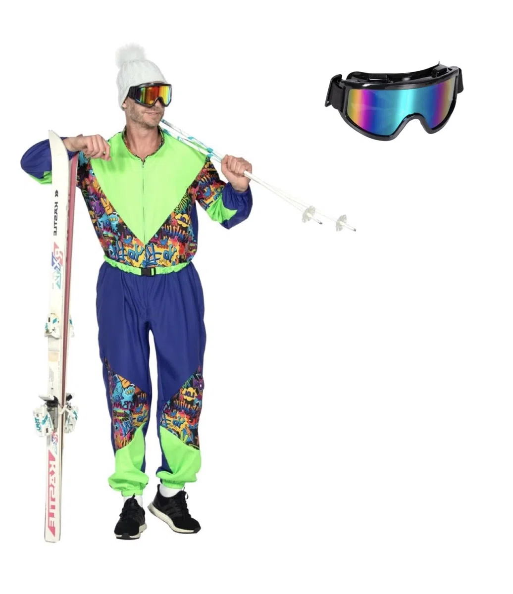MIMIKRY 80er Jahre Graffiti Retro Ski-Anzug Herren-Kostüm inkl. Brille Overall Einteiler Trash Bad Taste Apres Ski