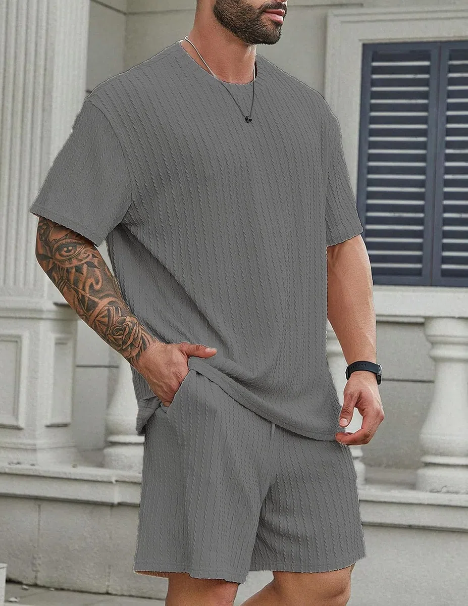 Trainingsanzug Herren Sommer 2 Teiliges Jogginganzug Herren Set Casual Kurzarm T-Shirts Kurze Hose Freizeitanzug