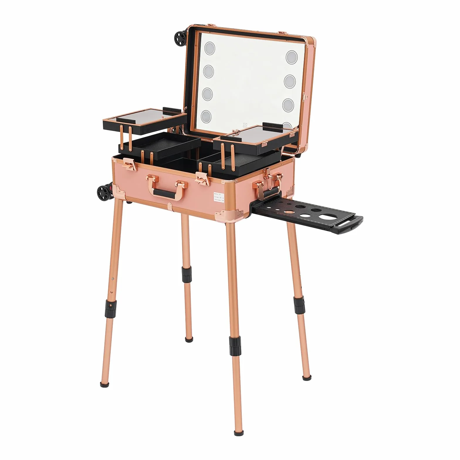 Kosmetikkoffer Trolley, 52x40x133cm Schminkkoffer Schminkstation Make Up Koffer mit LED Beleuchtung Spiegel verstellbaren Beinen 4 Rollen 360° drehbar 50kg Abschließbar für Friseure Visagisten Reise S