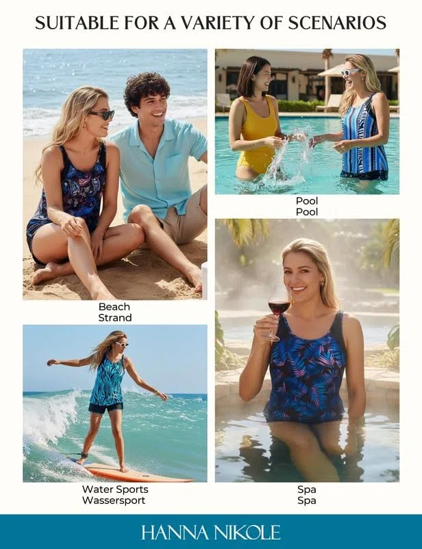 Hanna Nikole Tankini Damen Set Badeanzug Bauchweg Zweiteilig Push Up Eingearbeiteter BH Bademode und Eingearbeitetes Höschen High Waist Badeshorts Mit Taschen Verstellbare Schwimmanzug