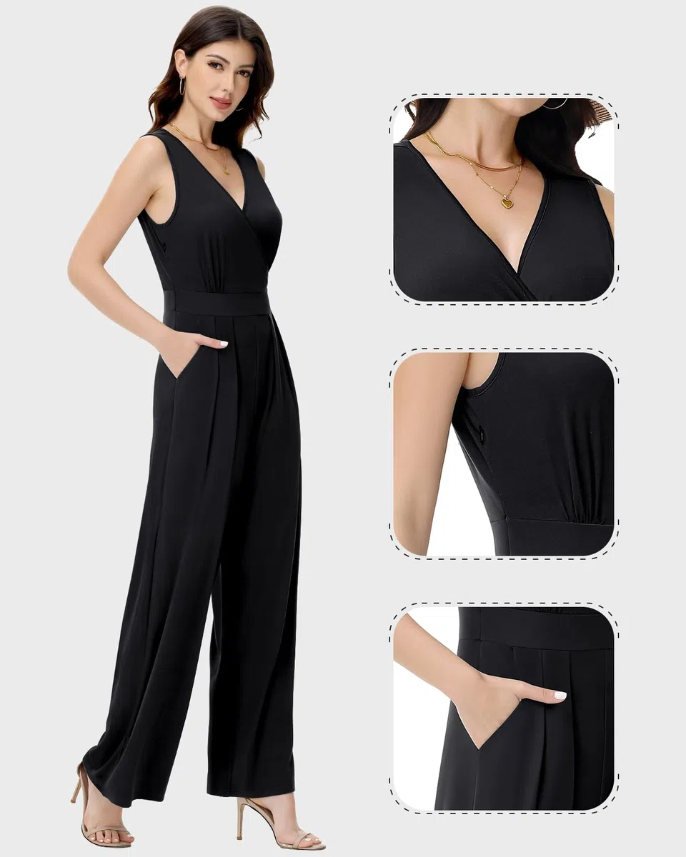 Tanmolo Damen Jumpsuit Elegant Festlich Sommer Ärmellos Overall Weites Bein Romper Mit Taschen Kurz