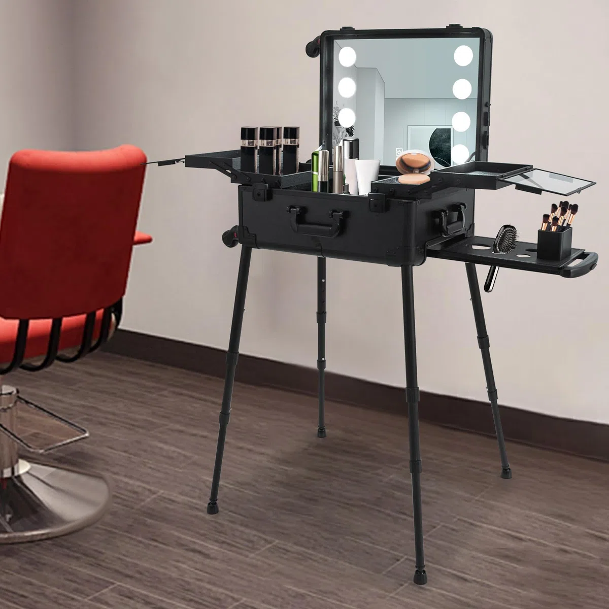 Kosmetikkoffer Trolley Schminkkoffer mit 8 LED Lampe Spiegel, 21 Inch Makeup Trolley Case mit Rollen, Schminkkoffer Profi mit Verstellbare Beine