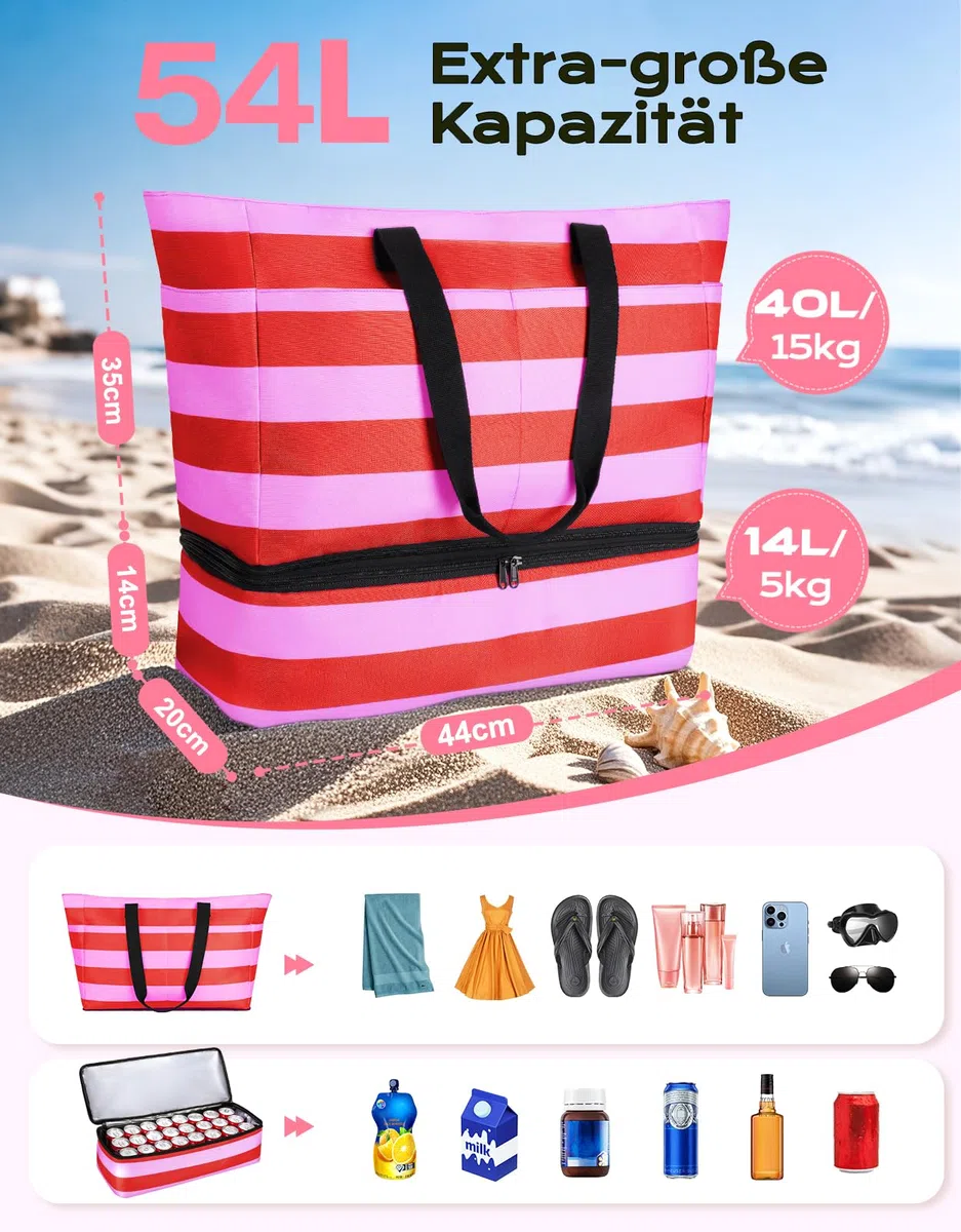 CIRYCASE Strandtasche XXL Familie mit Kühlfach, 54L Große Badetasche Strandtasche mit Reißverschluss & Nassfach, Faltbare Wasserdicht Beach Bag Mädchen Handtasche Shopper Damen für Reisen/Fitness/Pool