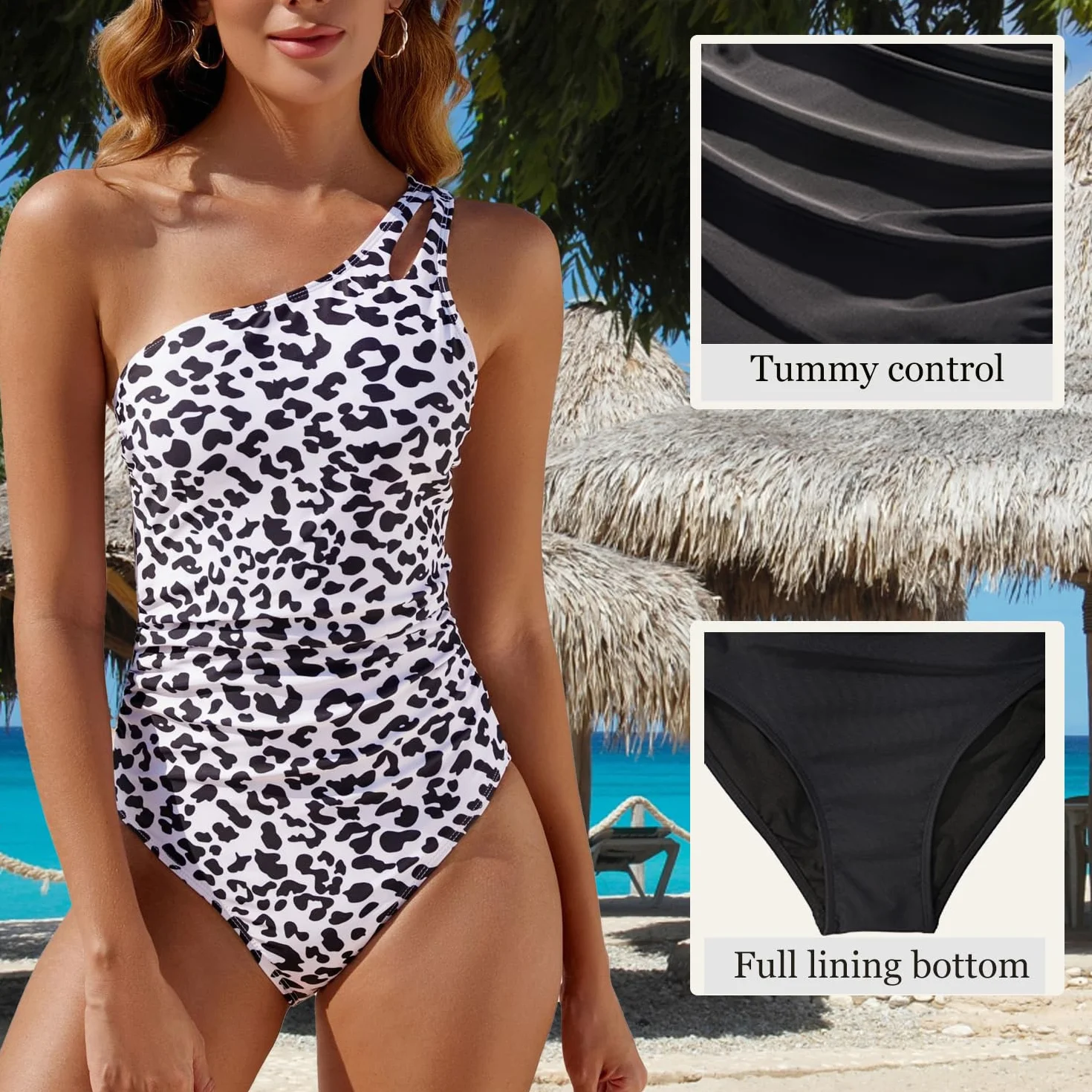 USUN Damen Badeanzug Push Up V Ausschnitt Schwimmanzug Einteilige Raffung Bauchweg Rückenfrei Monokinis Cut Out Retro Sexy Schlankheits Bademode high Waist Swimsuit