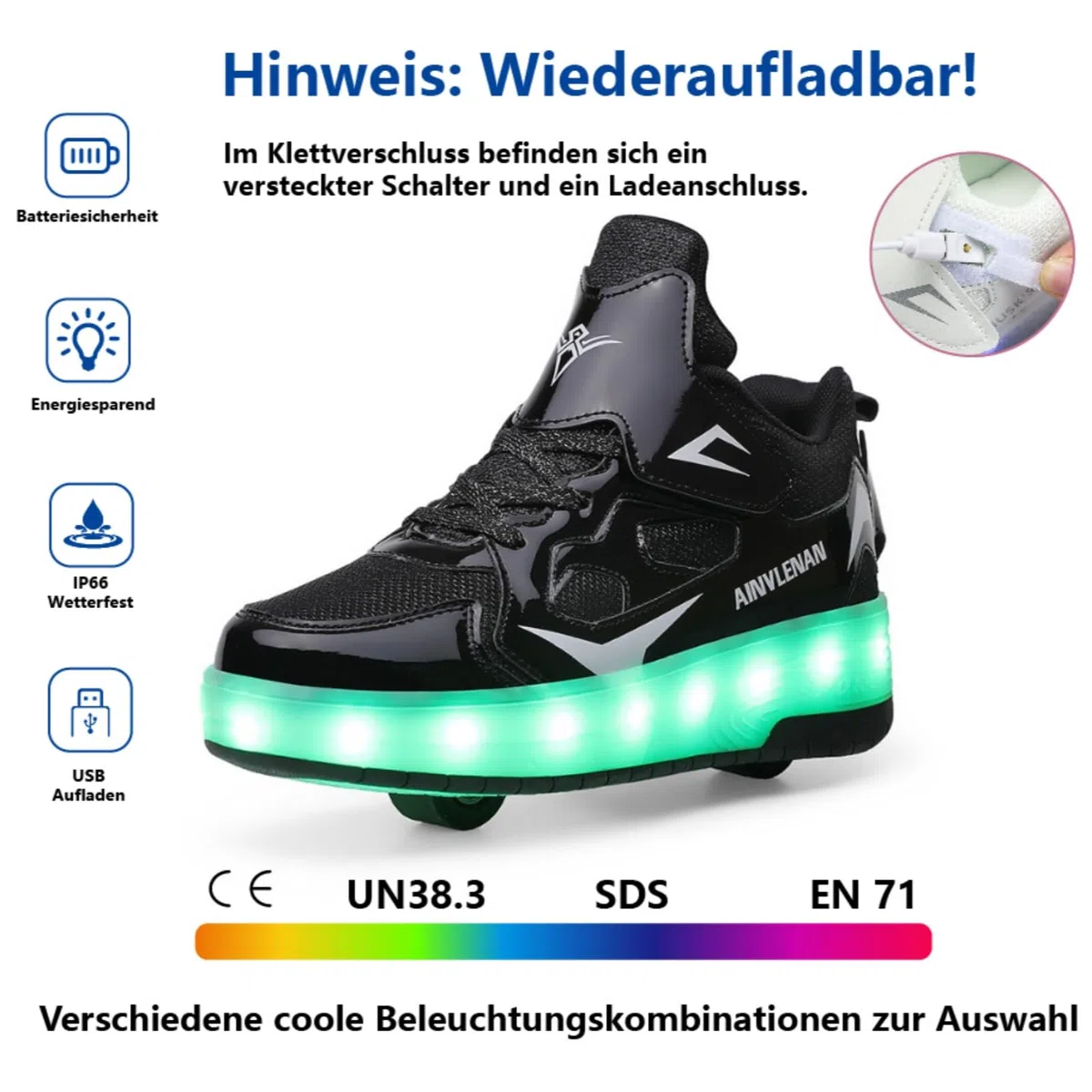 HUSKSWARE Kinder Schuhe mit Rollen – LED Sneaker 2 Rollen, USB aufladbar, Farbwechsel Licht, Skateboard Schuhe Jungen Mädchen, Rollschuhe Sportlich, Schwarz Rosa Gold Silber Weiß, Größe 28–41 EU