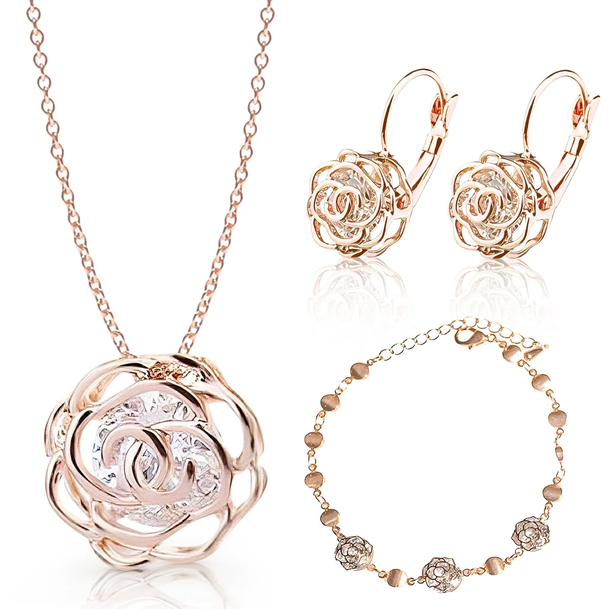 Crystalline Azuria Rose Blumen Kristalle Schmuck-Set Halskette 45 cm Leverback Ohrringe Armband 18 kt Vergoldet für Damen