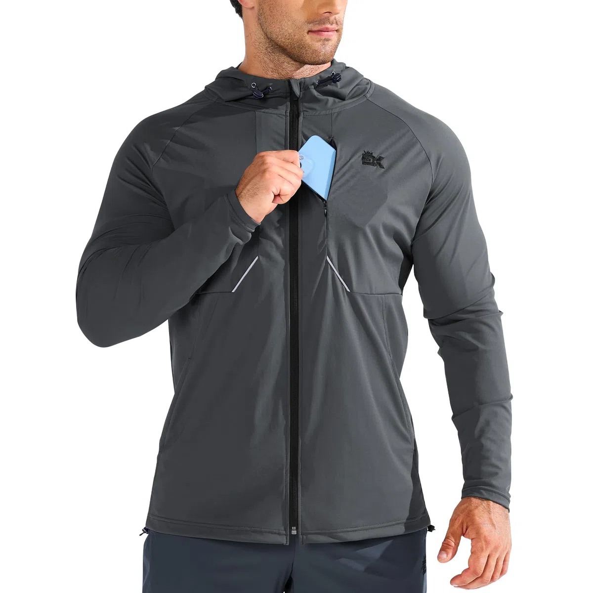 BROKIG Leichte Laufjacke Herren, Schnelltrocknende Trainingsjacke Atmungsaktives Hoodie Brusttasche mit Reißverschluss