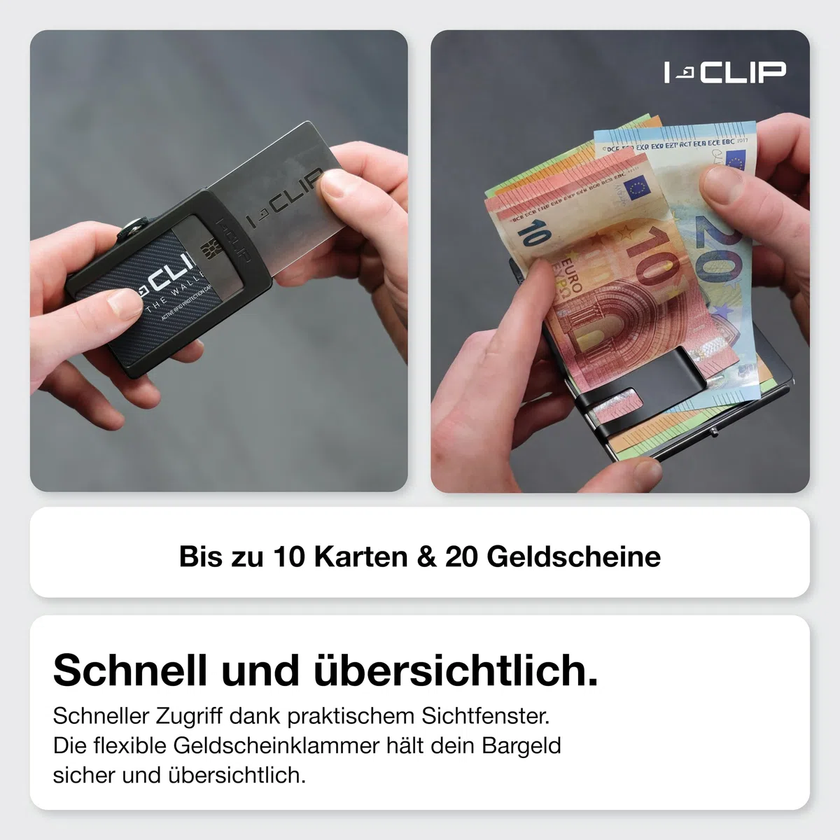 I-CLIP Original Geldbörse mit Münzfach - Slim Wallet - Leder Geldbörse mit Geldklammer - Schwarz mit schwarzem Rahmen