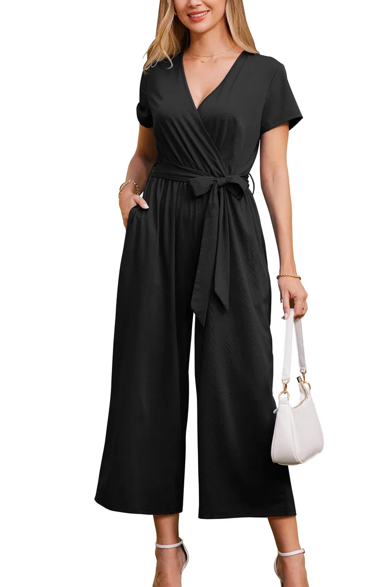 OUGES Jumpsuit Damen Sommer Elegant Overall Lang Playsuit Kurzarm Casual Hosenanzug mit Taschen