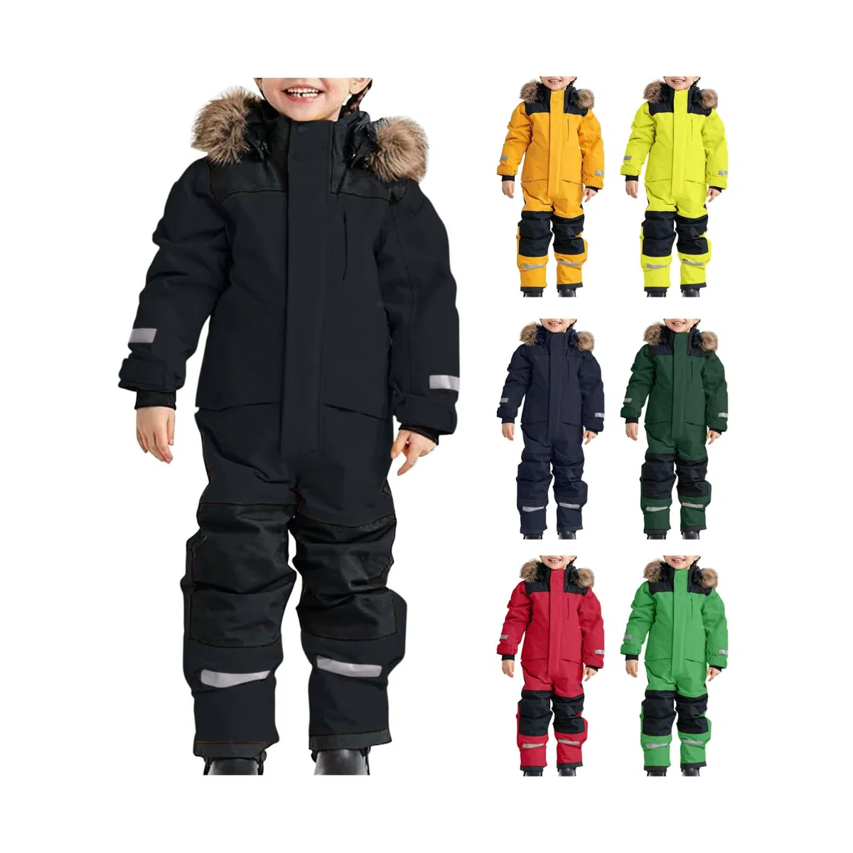 Schneeanzug Kinder Warmes Daunenjacke Set Wasserdichter Winter Skijacke Softshell Dickere Skihose Fellkragenkapuze Winddichter Skianzug Reflektierenden Skibekleidung für Kinder Skioverall