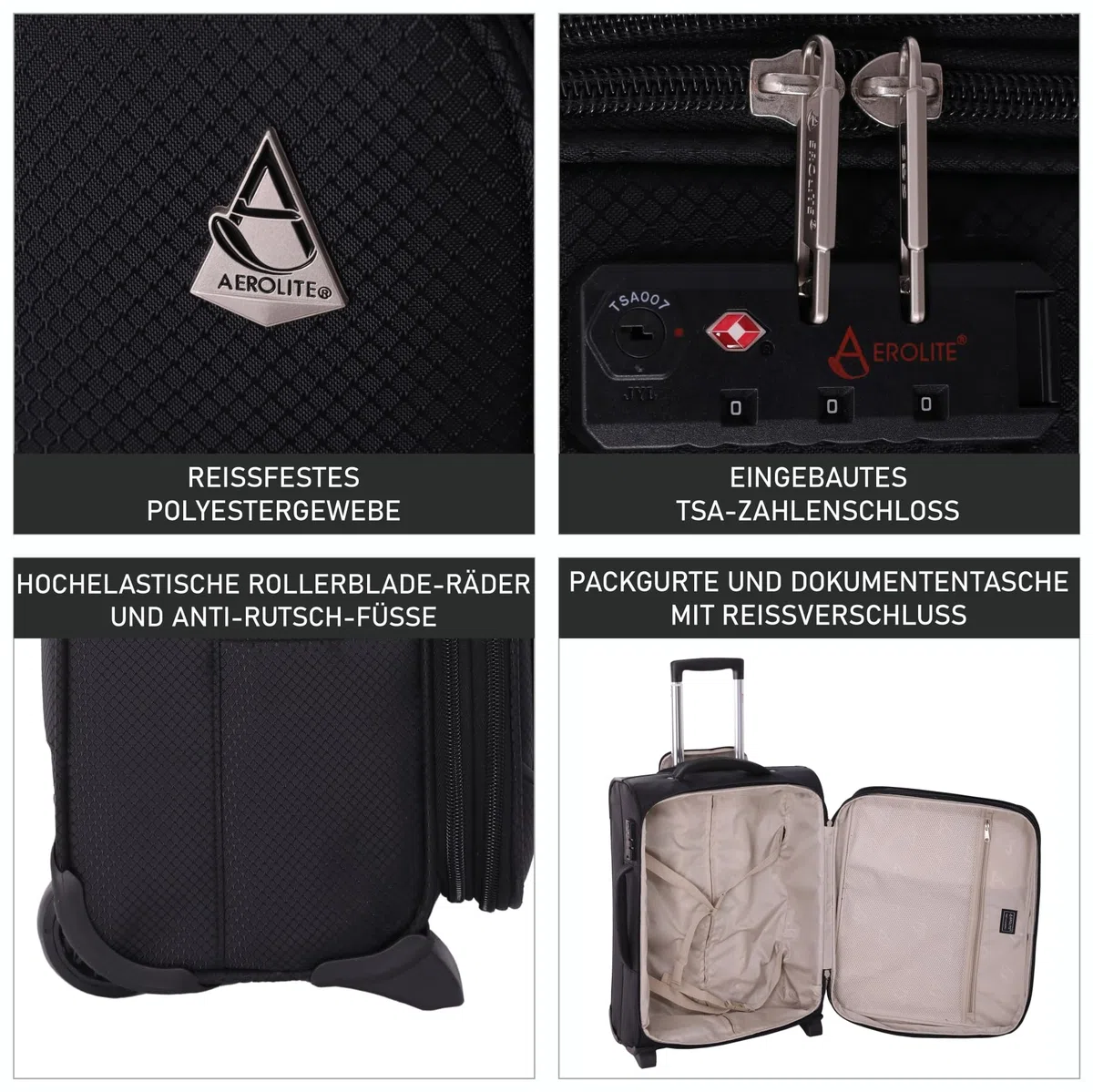 Aerolite Erweiterbar 55x40x20cm auf 55x40x23cm Lufthansa Eurowings Bordgepäck Handgepäck Koffer 55x40x20 55x40x20 mit 2 Rollen - Auch für Condor, SunExpress, TUI und Vieles Mehr (Schwarz)