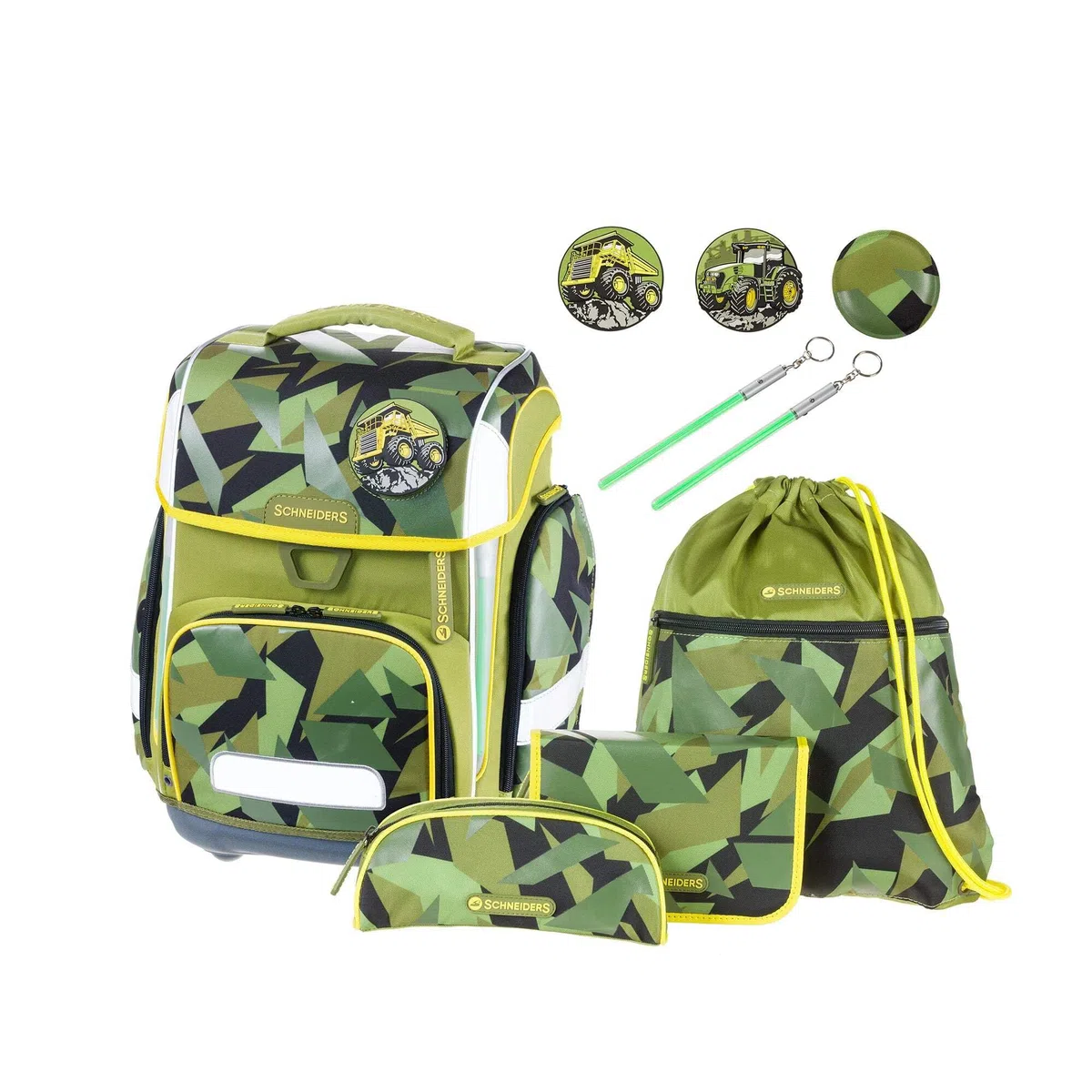 Schneiders 78367-065 - Schulranzen Ergolite Construction, 9-teiliges Set mit Schultasche, Federmäppchen, Schlamper, Sportbeutel, 3 Klett-Motiven und 2 Leuchtstäben