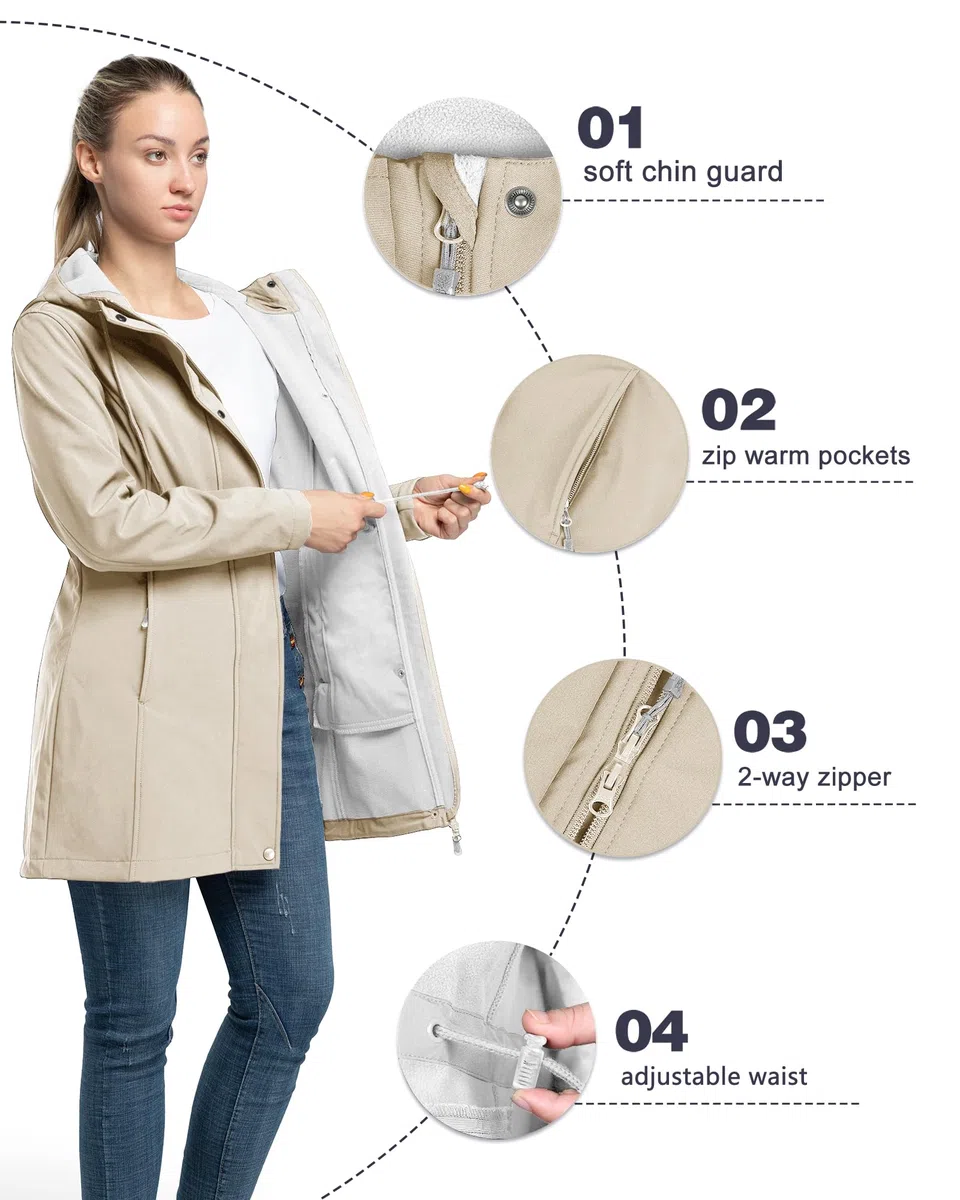33,000ft Damen Leichte Wasserdichte Softshell Regenjacke Lange Funktionsjacke Übergangsjacke Windjacke Atmungsaktive Regenparka mit Kapuze Regenmantel für Wandern Laufen Sporten
