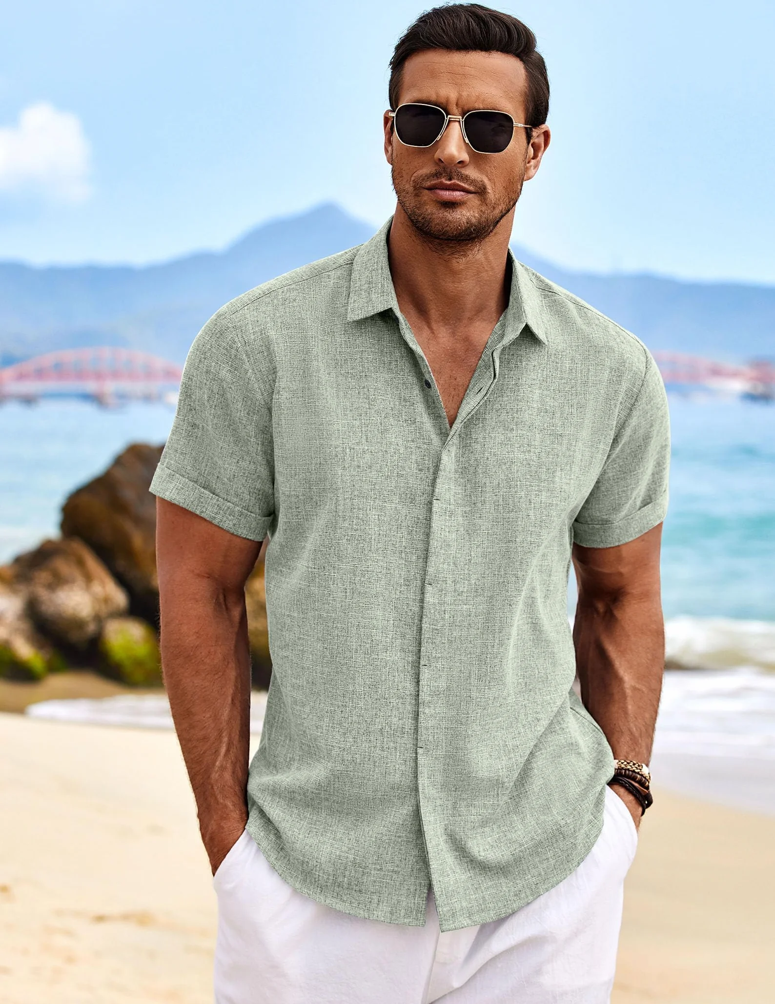 COOFANDY Leinenhemd Herren Kurzarm Hemd Button Down Regular Fit Freizeithemden Sommer Strand Leinen Shirt