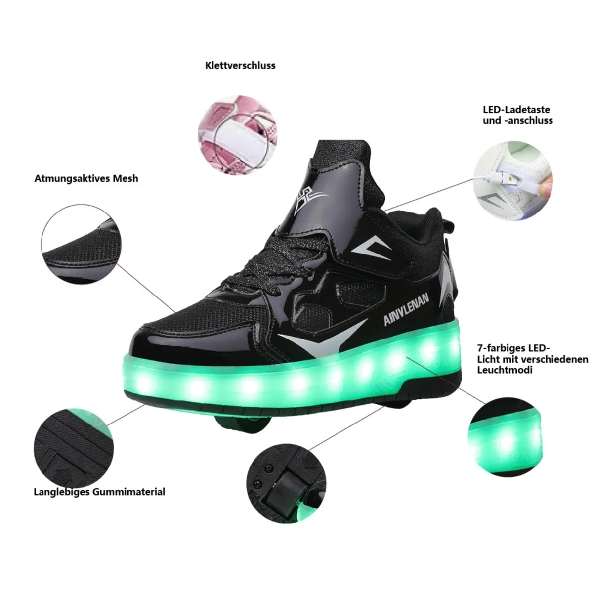 HUSKSWARE Kinder Schuhe mit Rollen – LED Sneaker 2 Rollen, USB aufladbar, Farbwechsel Licht, Skateboard Schuhe Jungen Mädchen, Rollschuhe Sportlich, Schwarz Rosa Gold Silber Weiß, Größe 28–41 EU
