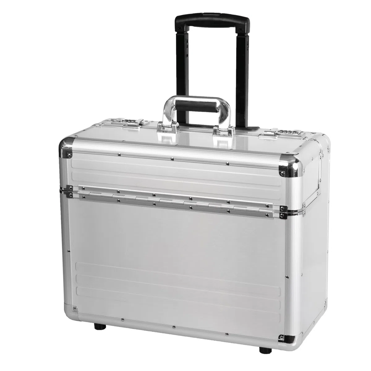 ALUMAXX 45122 Pilotenkoffer Omega, Koffer aus Aluminium, Alukoffer mit Rollen, Trolleykoffer, Fach für 17" Notebooks, Rollkoffer mit Teleskopgriff, Silber, 48 x 38,5 x 23 cm