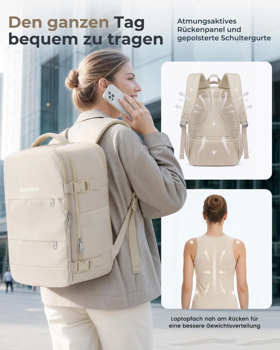 Samfolk Handgepäck Rucksack Ryanair Handgepäck 40x30x20 Travel Backpack 11 Taschen Carry On Bag Cabin Bags Mit Anti-Diebstahl-Tasche für Frauen & Männer Tragetasche Hand Luggage Backpack, 24L