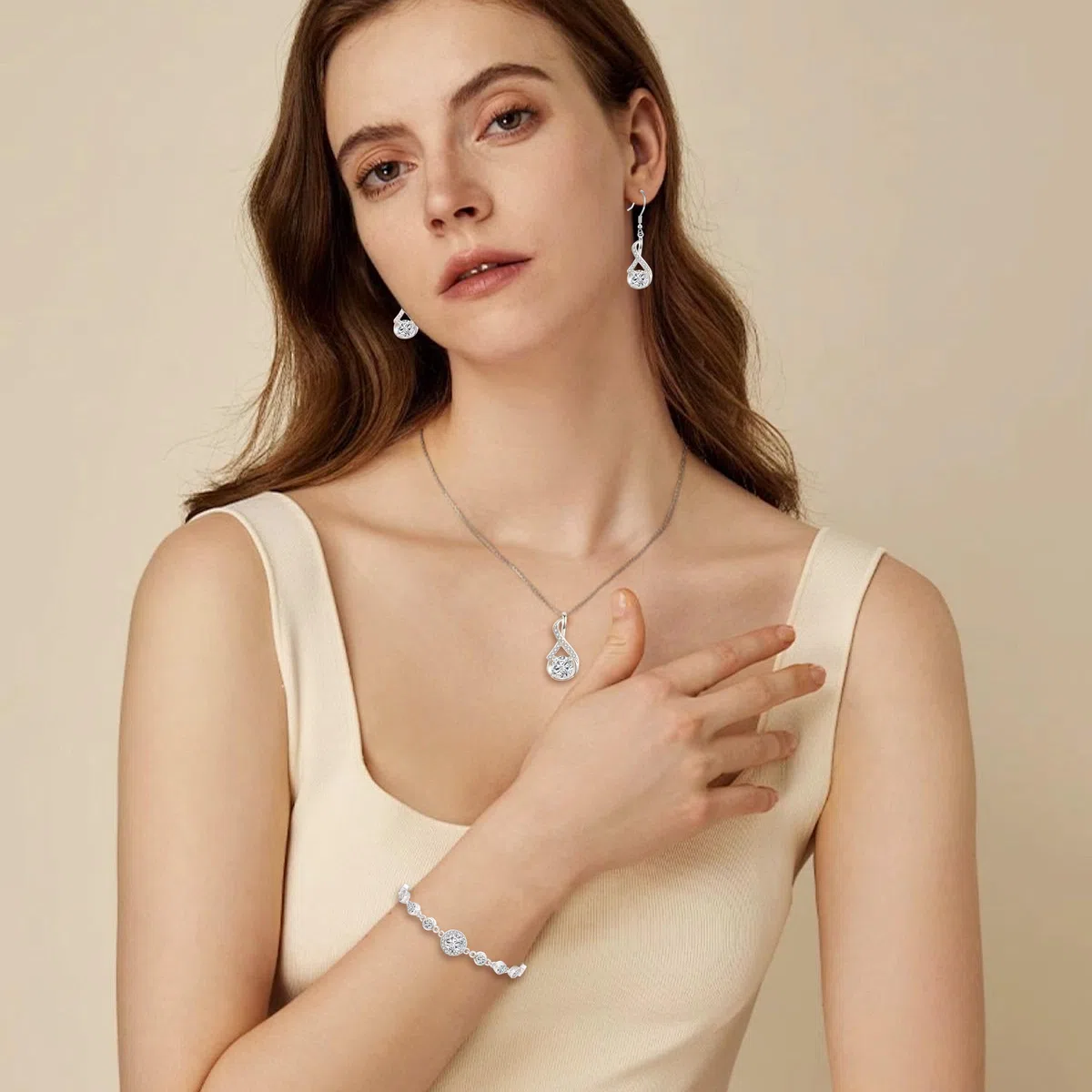 Silber Schmuck Set Damen, 925 Sterling Silber Halskette & Ohrringe & Armband Set mit AAAAA Cubic Zirkonia, Unendlichkeit Silberschmuck Damen 925 Hochzeitstag Liebesgeschenk für Braut Frauen