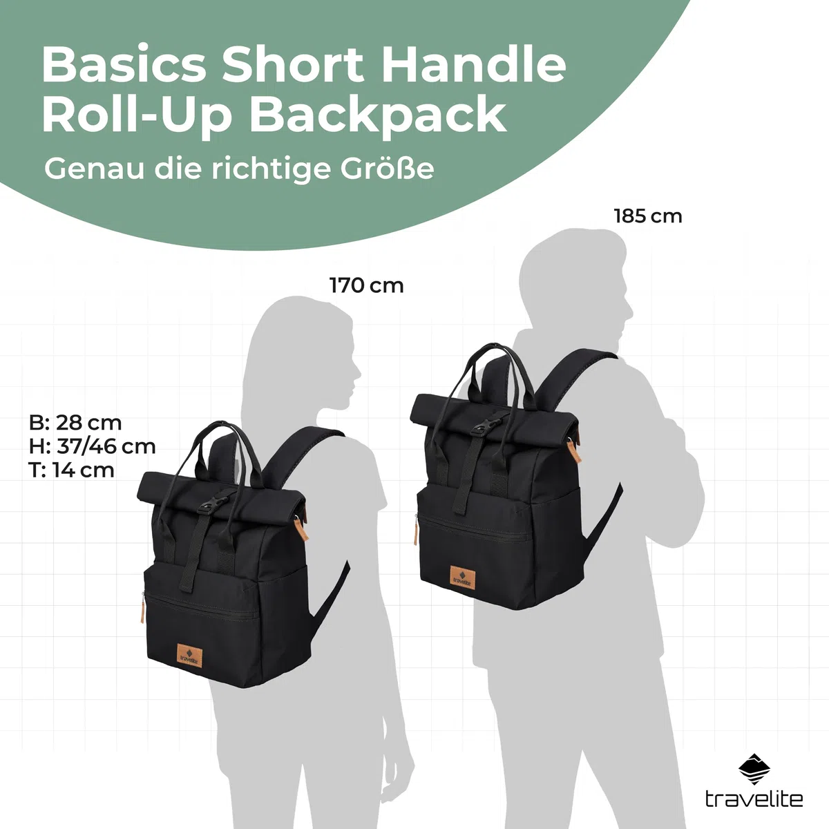 Travelite Handgepäck Rucksack, Laptop Rucksack 14 Zoll, Basics Short Handle Rollup, Reiserucksack Rolltop Funktion