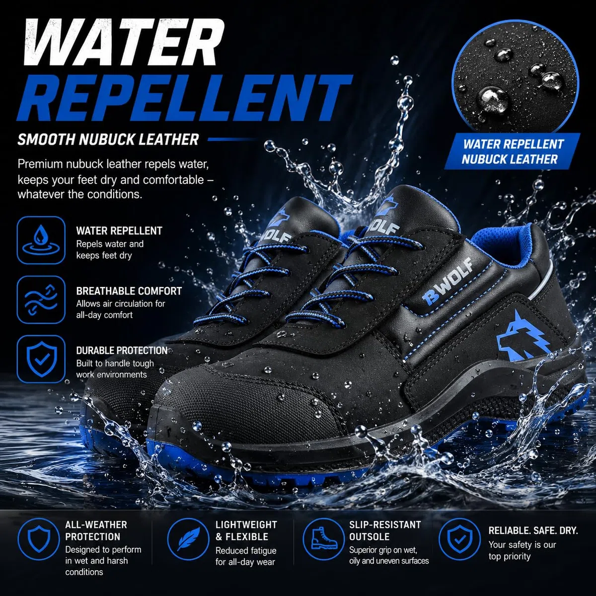BWOLF Spire Arbeitsschuhe Herren S3 Sicherheitsschuhe Herren S3 Low wasserdicht, ölbeständig, 4x4 Grip Tech, Ergo-Sohlen