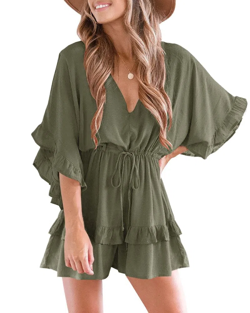 Imily Bela Damen Jumpsuit V Ausschnitt Fledermausärmel Strandkleid mit Kordelzug Sommer Lose Romper