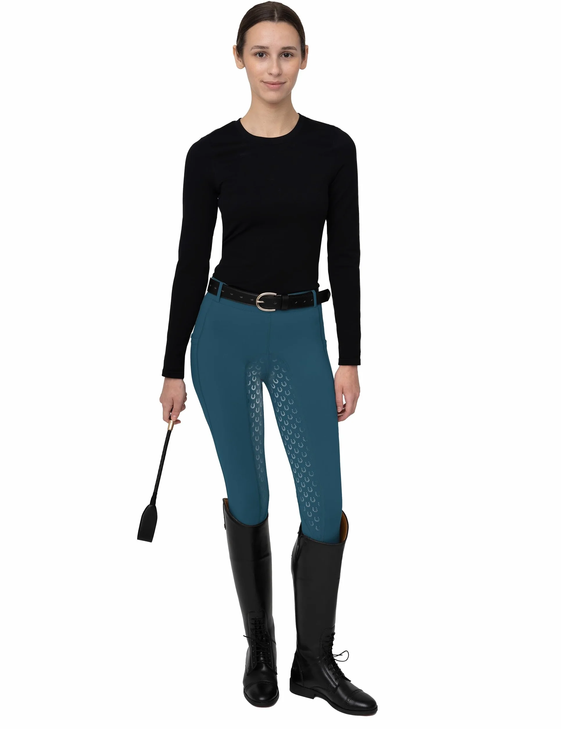 FitsT4 Sports Damen Reitleggings Silikon Vollbesatz Reithose mit Handytasche und Gürtelschlaufen