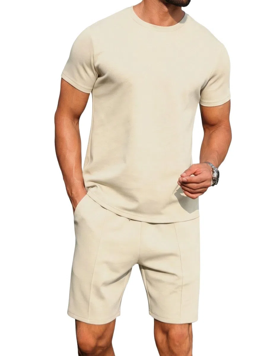 QIXING 2-Teiler Herren Sommer Outfit Kurz Trainingsanzug Hemd & Shorts Set Freizeitanzug mit Taschen Kurzarm