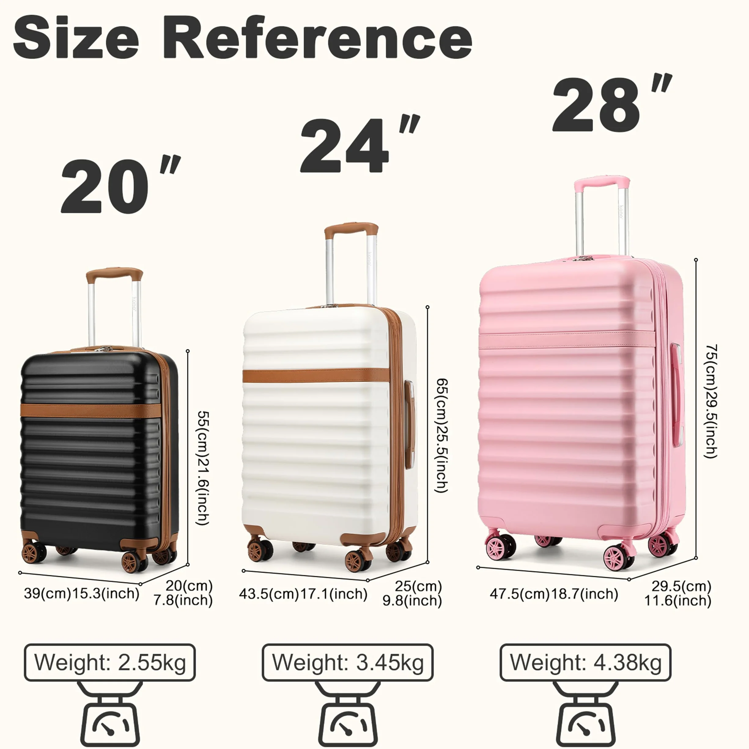 KONO Koffer Groß, Erweiterbar Hartschalenkoffer leicht, Reisekoffer mit 4 Rollen TSA Schloss, ABS+PC Hartschale (Creme/Braun,XL)