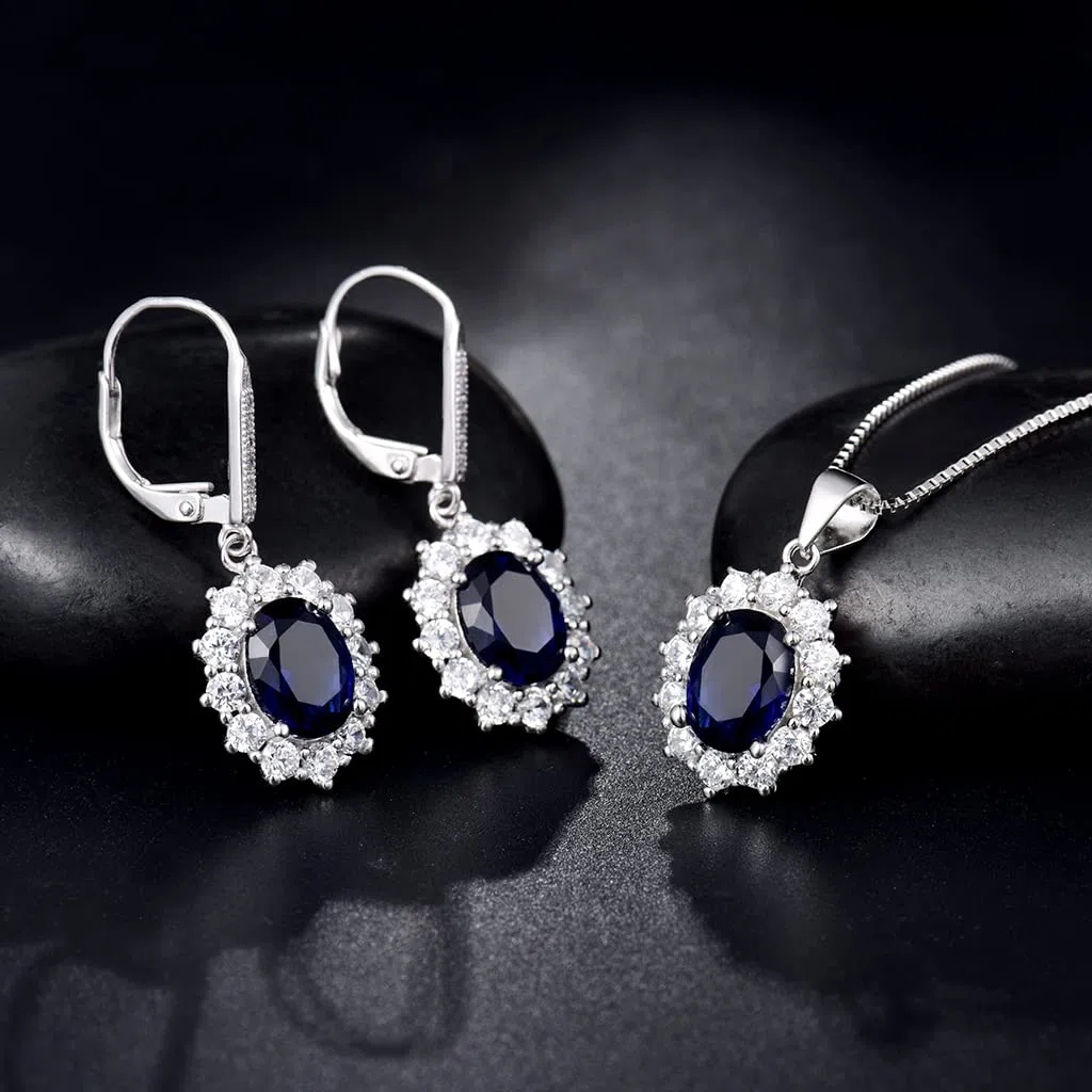 MASOP Silber Damen Schmuck Set, 925 Sterling Silber Saphir Schmuckset, Silber Blau Halskette und Ohrringe Set, Oval Anhänger mit 45 cm Damen Halskette & Ohrhänger, Prinzessin Diana Luxus Schmuck
