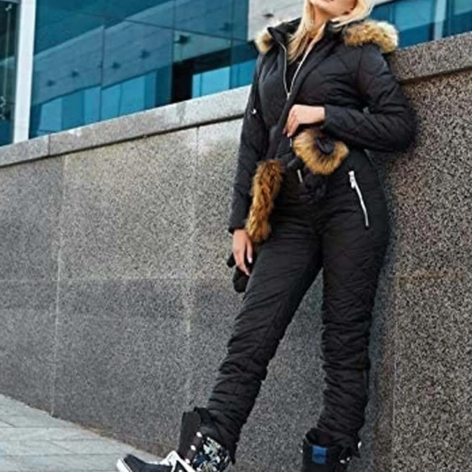 Damen Schneeoverall - Damen Schneeanzug + Skihandschuhe + Gürteltasche 3 teilig Skianzug Winter Warme Jumpsuit Schneeoverall Einteilig Skioverall mit Kapuze Reißverschluss Skianzüge