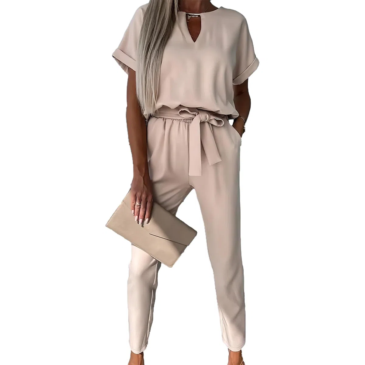 amropi Jumpsuit Damen Elegant Kurzarm Playsuit V-Ausschnitt Casual Lose Overalls Lang Romper