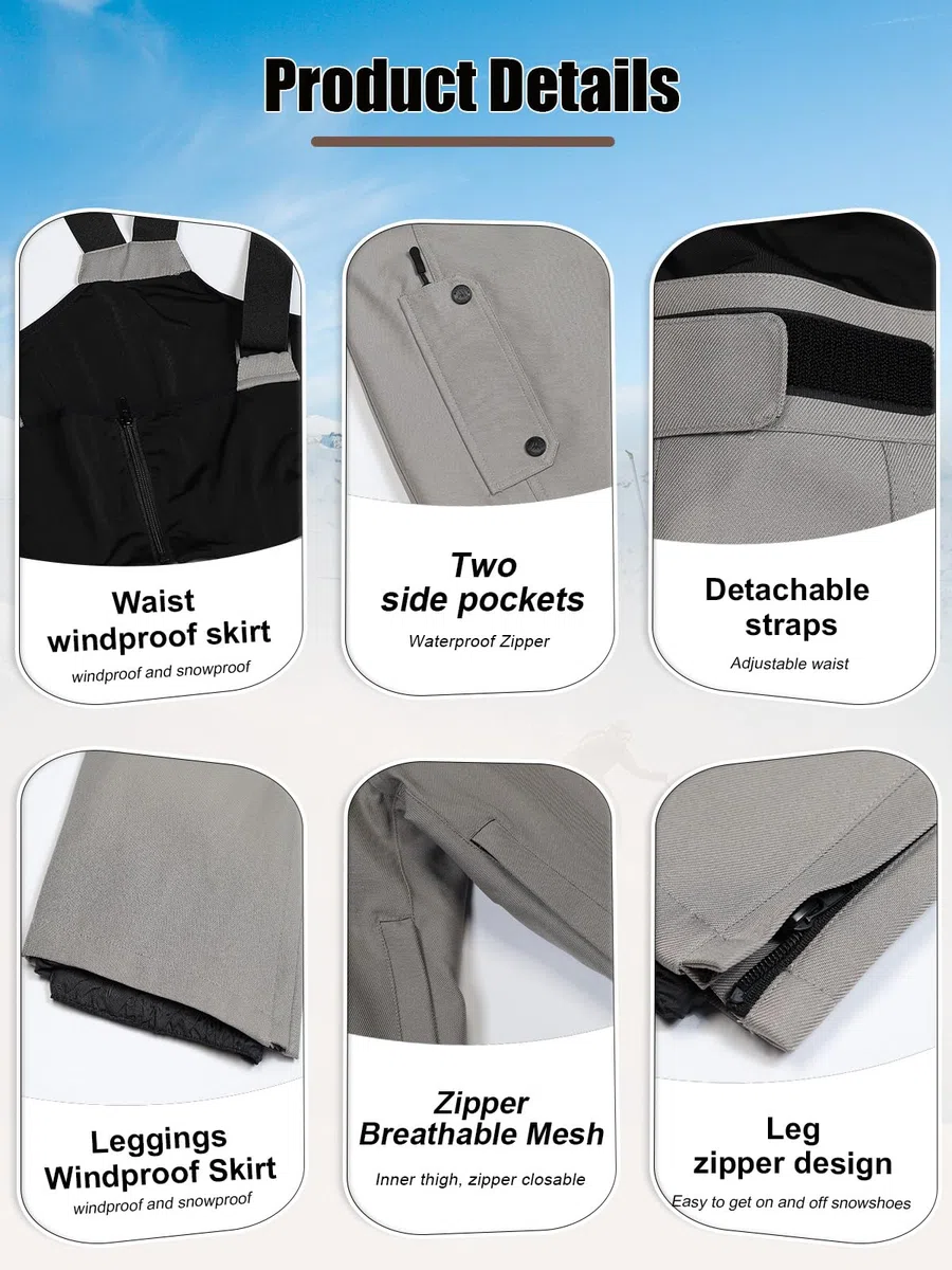 HOUZONIY Herren Skihose Wasserdicht Schneehose Softshellhose Winter Warm Gefüttert Snowboardhose Overall mit VAbnehmbar Träger