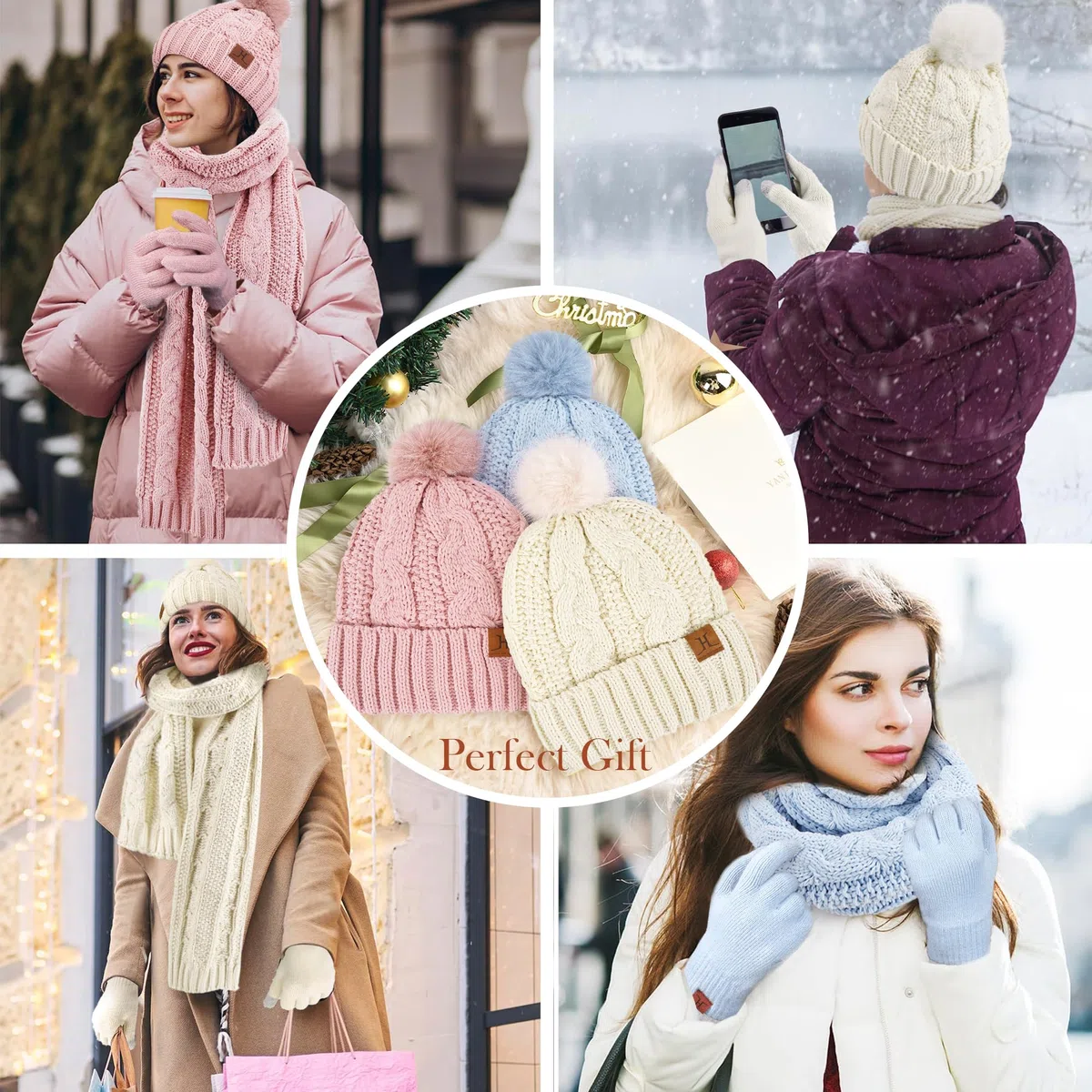 ZASFOU Damen Winter Mütze Schal Touchscreen Handschuhe Set Thermo Chenille Strickmütze Beanie Wintermütze Schals Winterschal Winterhandschuhe Geschenk für Frauen